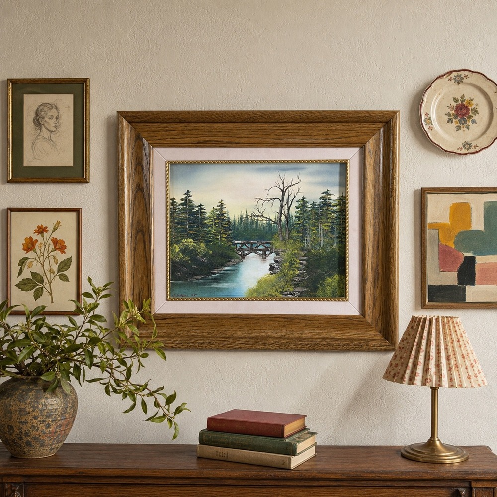 Signed Original Landscape Painting Forest River Bridge Framed Wall Art